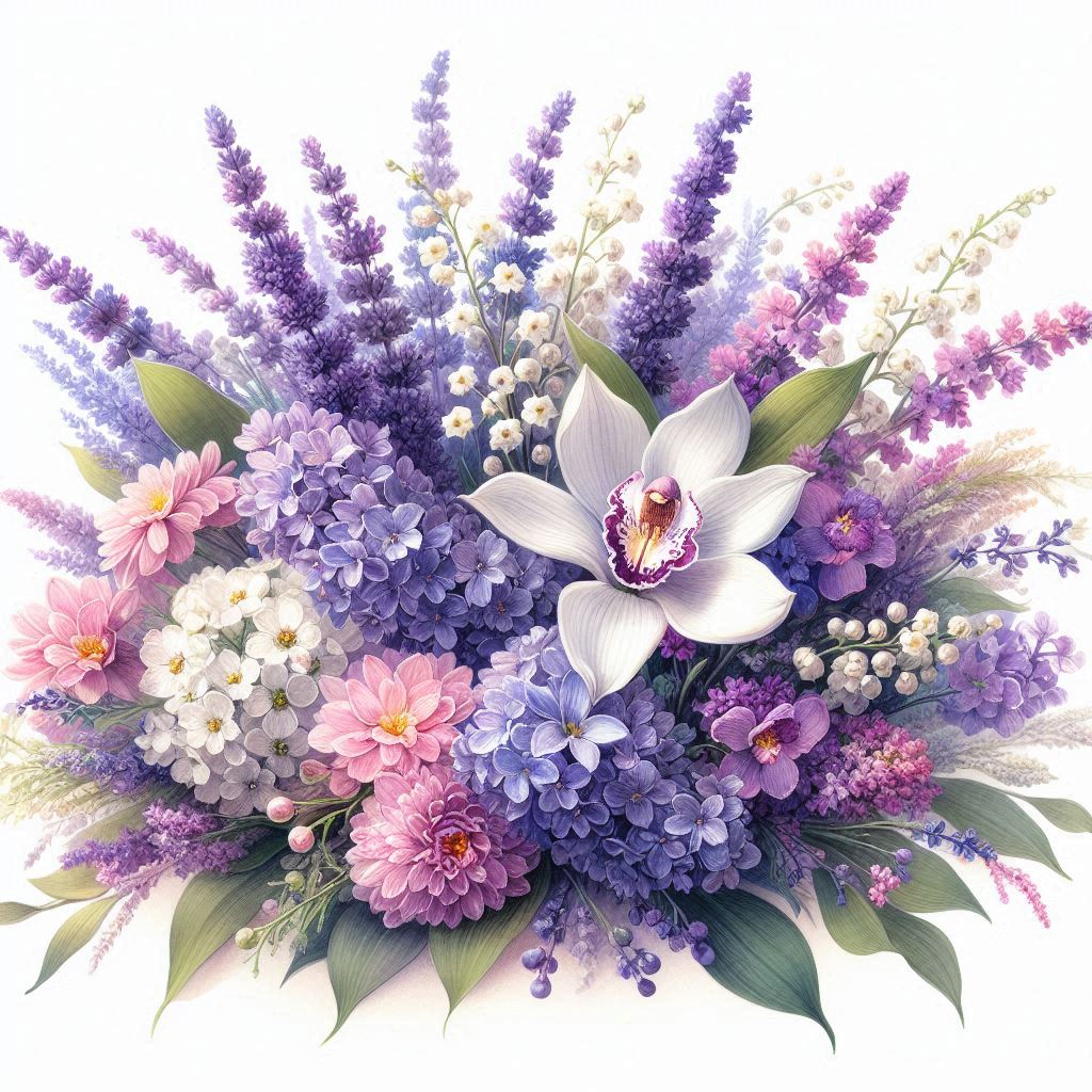 lavender, chrysanthemum, lily of the valley, lilac, orchid bouquet